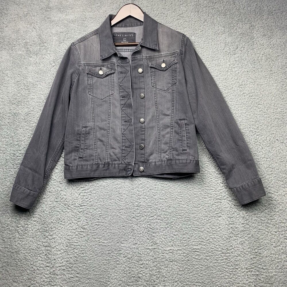 The Limited Jacket Womens L Gray Jean Denim Pockets Casual Trucker Buttons